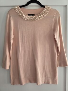 Karl Lagerfeld Blush Pink Pearl-Embellished Scoop Neck Sweater